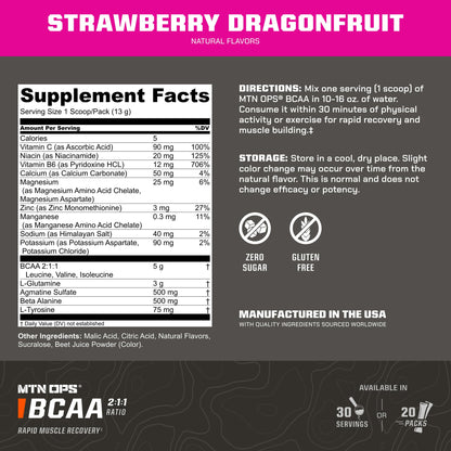 MTN OPS BCAA 2:1:1 Amino Acids – Zero Sugar & Gluten Free | Rapid Muscle Recovery (30-Serv, Strawberry Dragonfruit)