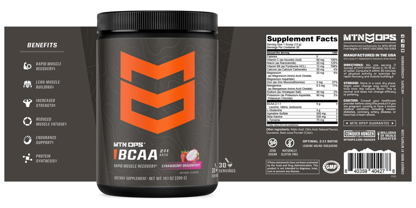 MTN OPS BCAA 2:1:1 Amino Acids – Zero Sugar & Gluten Free | Rapid Muscle Recovery (30-Serv, Strawberry Dragonfruit)
