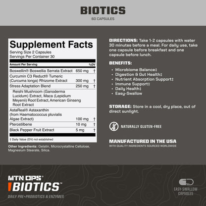 MTN OPS Biotics Daily Probiotic with Maca Root, Reishi, Boswellia & American Ginseng – 60 Capsules | 30 Servings