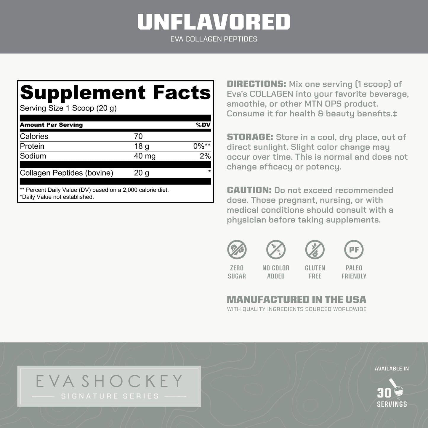 MTN OPS Collagen Peptide Protein Powder – Eva Shockey Signature, 20g Unflavored, Zero Sugar, 30 Servings