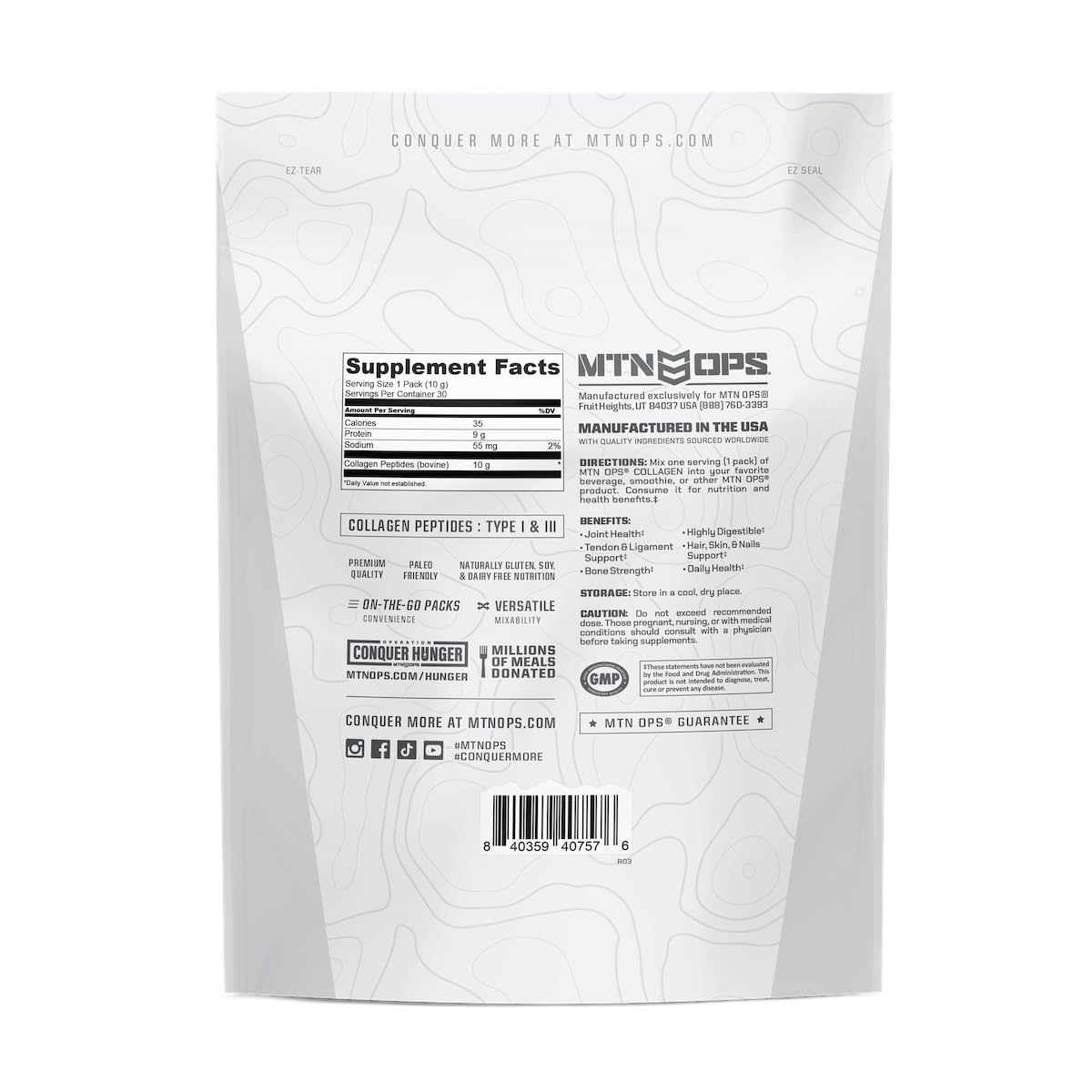 MTN OPS Collagen Protein Powder On-The-Go Packs - 9g Protein Per Serving, Unflavored, 30 Packs
