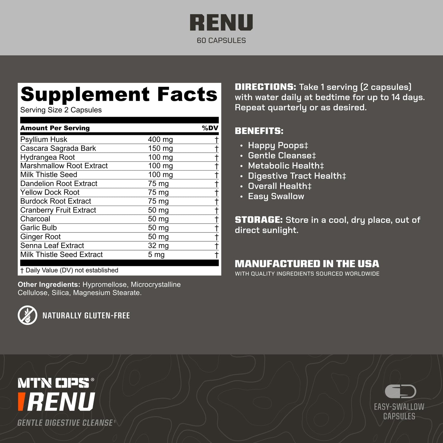 MTN OPS Renu - Gentle Digestive Cleanse & Psyllium Husk, 60 Capsules