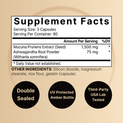 Mucuna Pruriens Capsules 1500mg | 240-Count 2-in-1 Ashwagandha Formula | Made in USA
