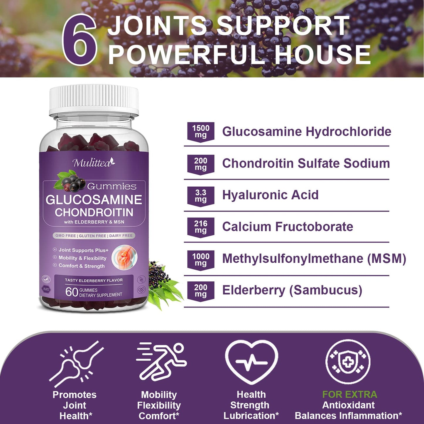Mulittea Glucosamine Chondroitin Gummies - Extra Strength Joint Support (2 Pack)