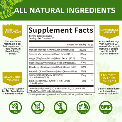 Mulittea Moringa Capsules 1000mg – 7-in-1 Turmeric, Ginger, Elderberry & Boswellia | 120 Vegan Capsules (2-Pack)