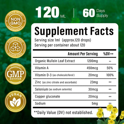 Mullein Drops for Lungs – 144000mg Mullein Leaf Extract | 120-Day Supply