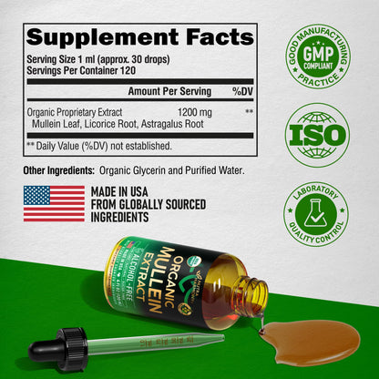 USDA Organic Mullein Drops for Lungs – 4 fl oz | Made in USA