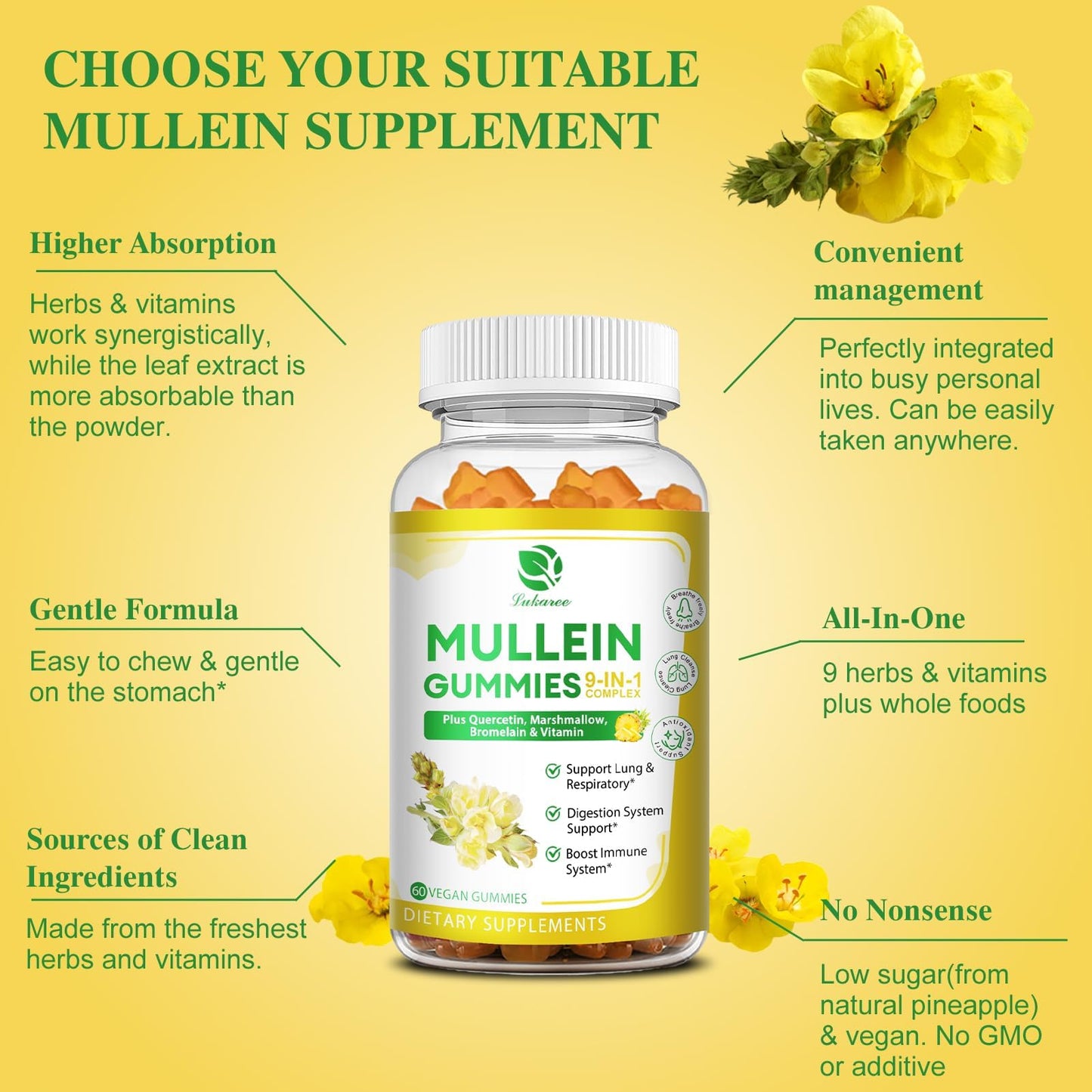 2-Pack 9-in-1 Mullein Gummies for Lung Cleanse & Immunity – Extra Strength, Vegan, 120 Count