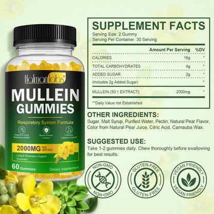 Mullein Gummies for Lungs – 2000 MG 50:1 Extract, Pear Flavor, 60 Count | Respiratory Support
