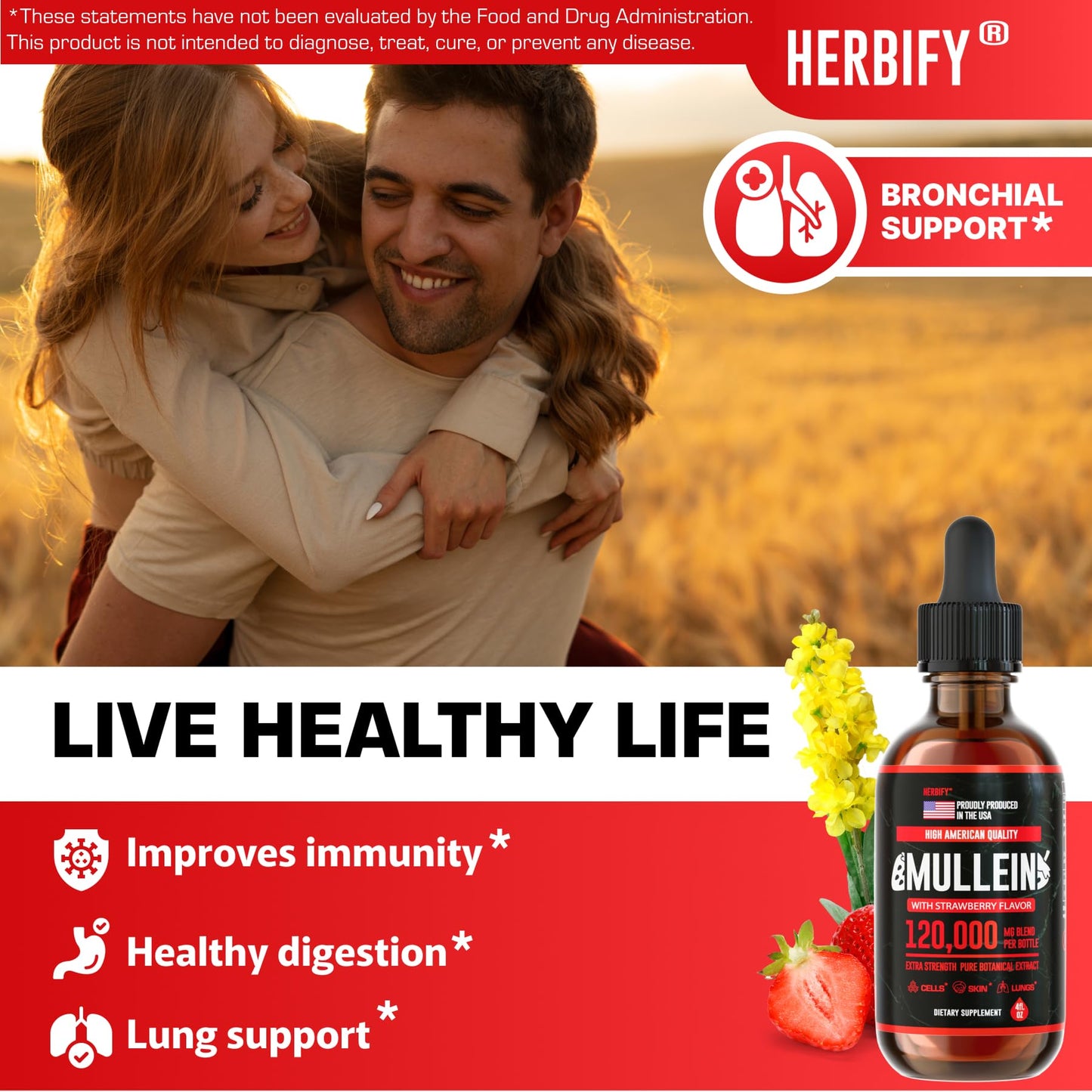 HERBIFY Mullein Drops - Lung Cleanse & Respiratory Support - Strawberry Flavor, 4 oz - Made in USA