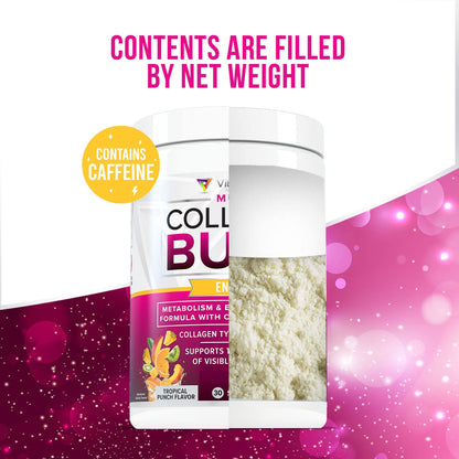Vitauthority Multi Collagen Burn – 5 Types Collagen, Hyaluronic Acid, Vitamin C, SOD B Dimpless, Caffeine, Tropical Punch, 30 Servings