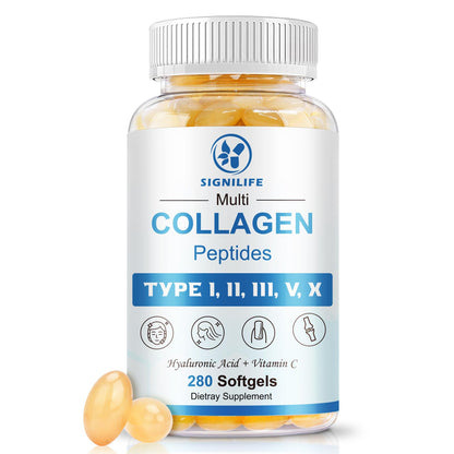 Multi Collagen Peptides with Hyaluronic Acid & Vitamin C – Skin, Hair & Nails | 280 Softgels | Non-GMO