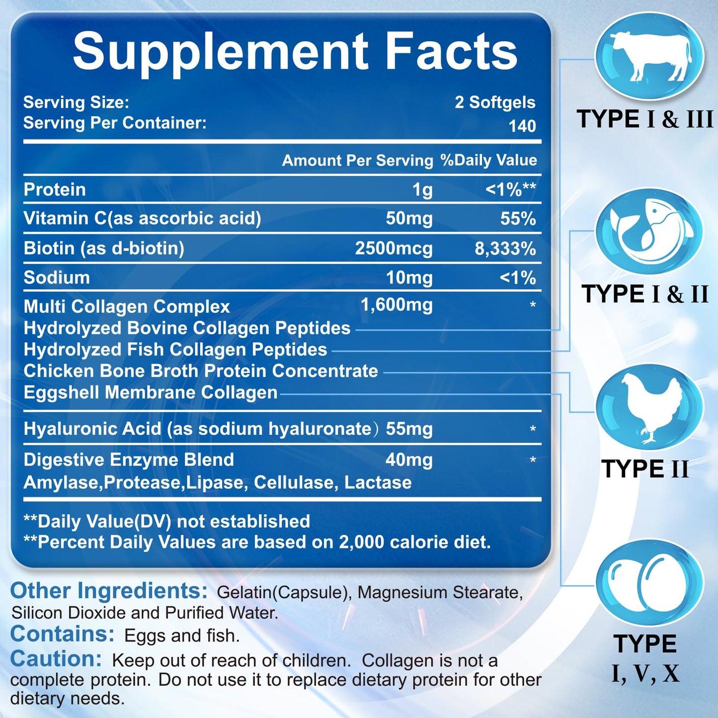 Multi Collagen Peptides with Hyaluronic Acid & Vitamin C – Skin, Hair & Nails | 280 Softgels | Non-GMO