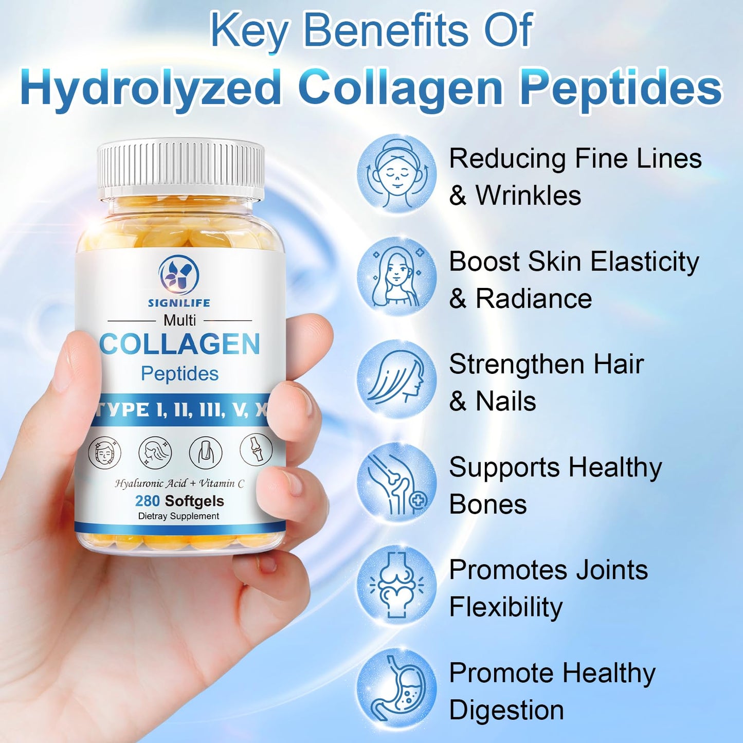 Multi Collagen Peptides with Hyaluronic Acid & Vitamin C – Skin, Hair & Nails | 280 Softgels | Non-GMO