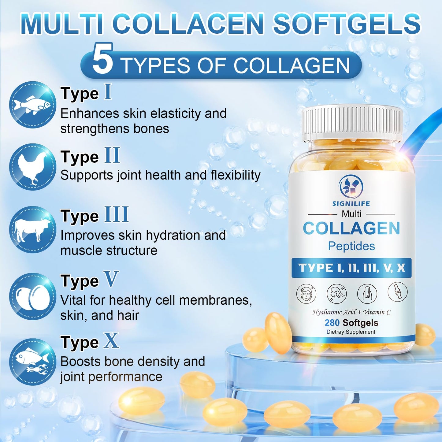 Multi Collagen Peptides with Hyaluronic Acid & Vitamin C – Skin, Hair & Nails | 280 Softgels | Non-GMO