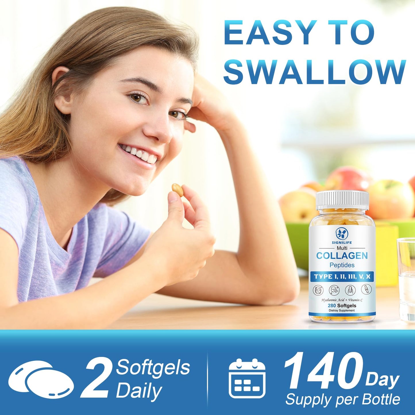 Multi Collagen Peptides with Hyaluronic Acid & Vitamin C – Skin, Hair & Nails | 280 Softgels | Non-GMO