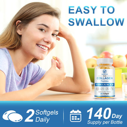 Multi Collagen Peptides with Hyaluronic Acid & Vitamin C – Skin, Hair & Nails | 280 Softgels | Non-GMO