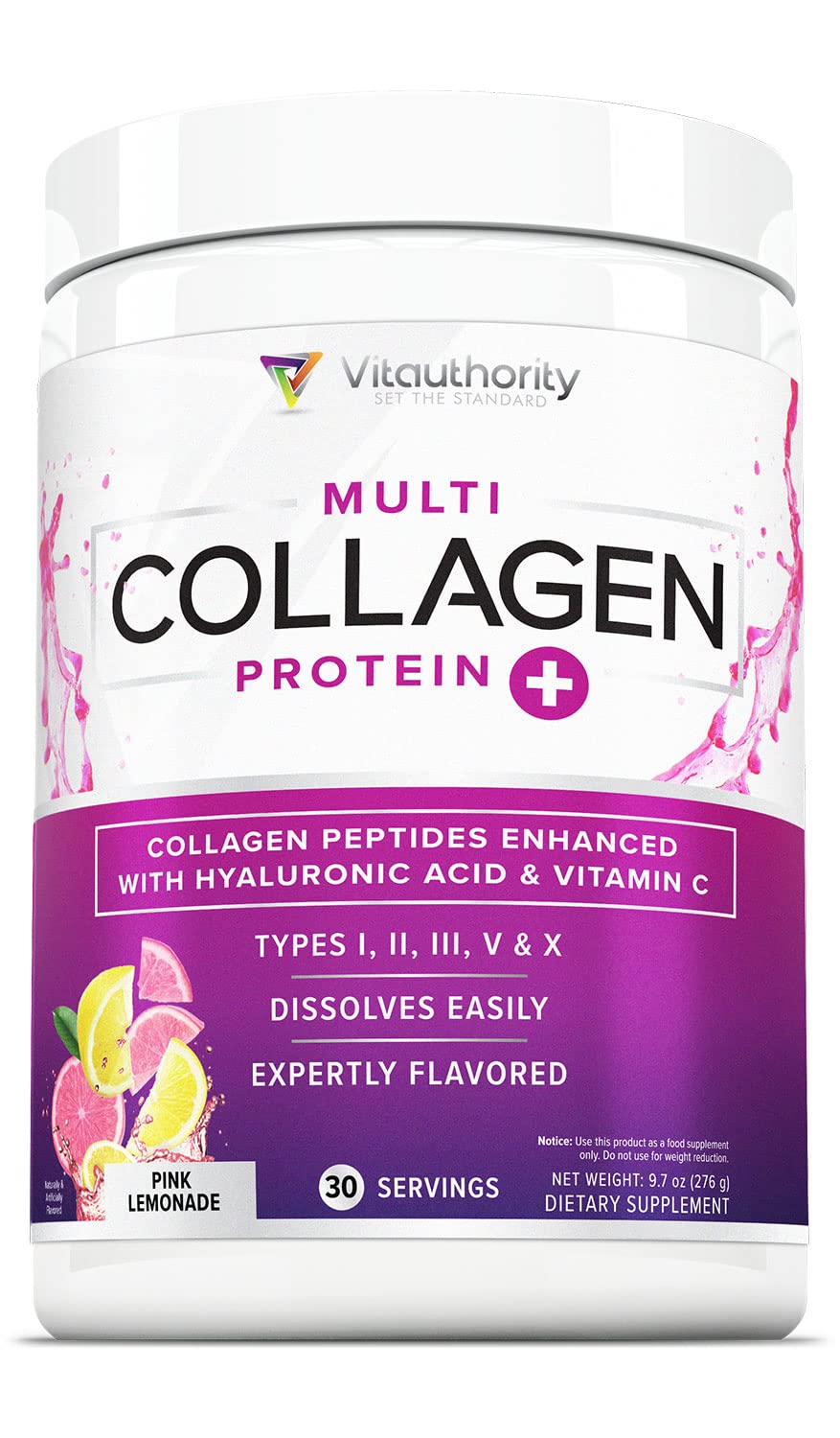 Multi Collagen Peptides Powder for Women – Hydrolyzed Collagen with Types I II III V X, Vitamin C & Hyaluronic Acid – Hair, Skin & Nails (Pink Lemonade) – 30 Servings