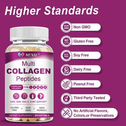 Multi Collagen Peptides Softgels – Type I, II, III, V, X for Skin, Hair, Nails & Joints | Non-GMO