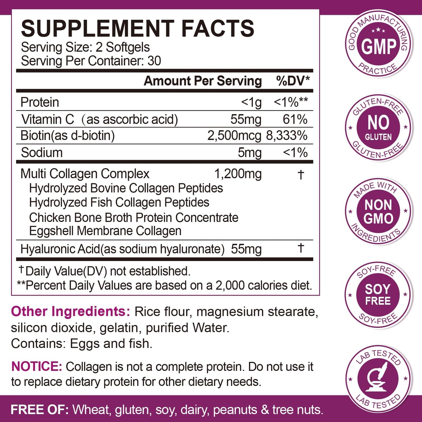Multi Collagen Peptides Softgels - Types I II III V X with Biotin Vitamin C Hyaluronic Acid