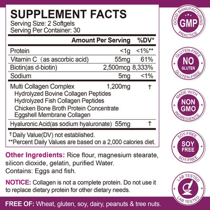 Multi Collagen Peptides Softgels - Types I II III V X with Biotin Vitamin C Hyaluronic Acid