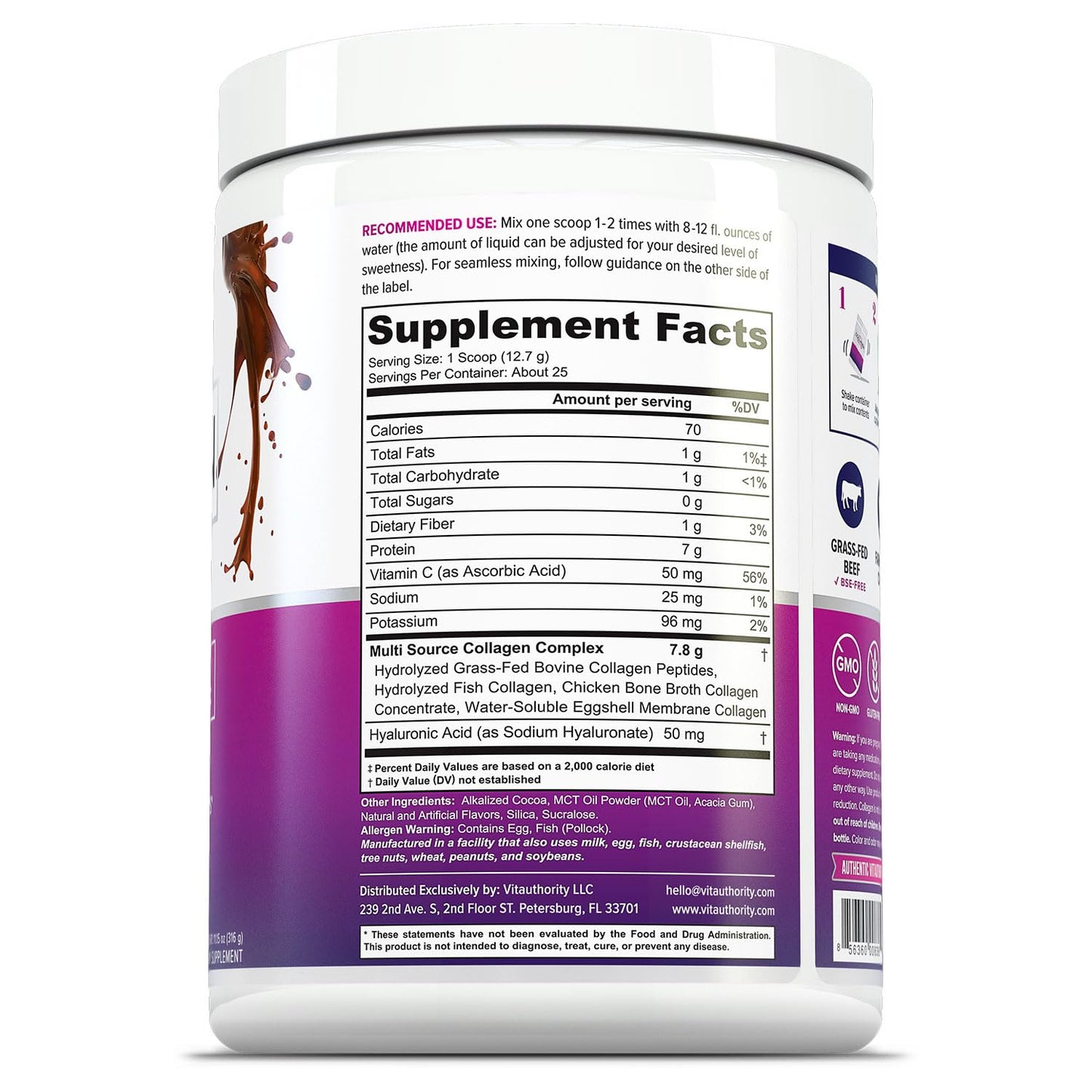Multi Collagen Peptides Powder for Women - Chocolate, Types I-II-III-V-X, Vitamin C & Hyaluronic Acid (30 Servings)