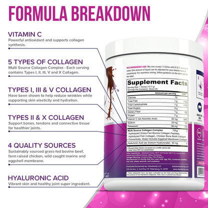 Multi Collagen Peptides Powder for Women - Chocolate, Types I-II-III-V-X, Vitamin C & Hyaluronic Acid (30 Servings)