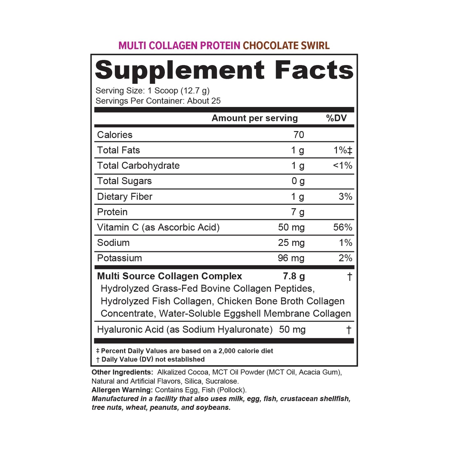 Multi Collagen Peptides Powder for Women - Chocolate, Types I-II-III-V-X, Vitamin C & Hyaluronic Acid (30 Servings)