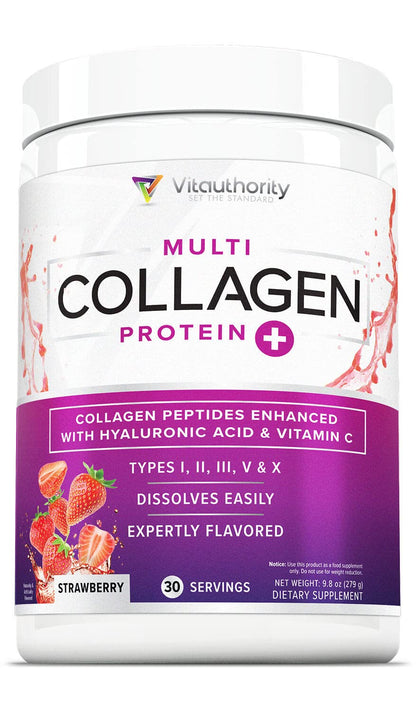 Multi Collagen Peptides for Women – Strawberry, 30 Servings | Hydrolyzed 5-Type Collagen, Vitamin C & Hyaluronic Acid