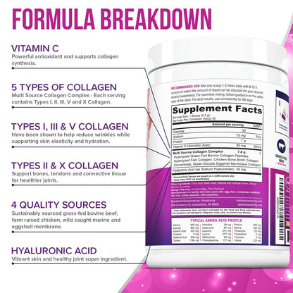 Multi Collagen Peptides for Women – Strawberry, 30 Servings | Hydrolyzed 5-Type Collagen, Vitamin C & Hyaluronic Acid