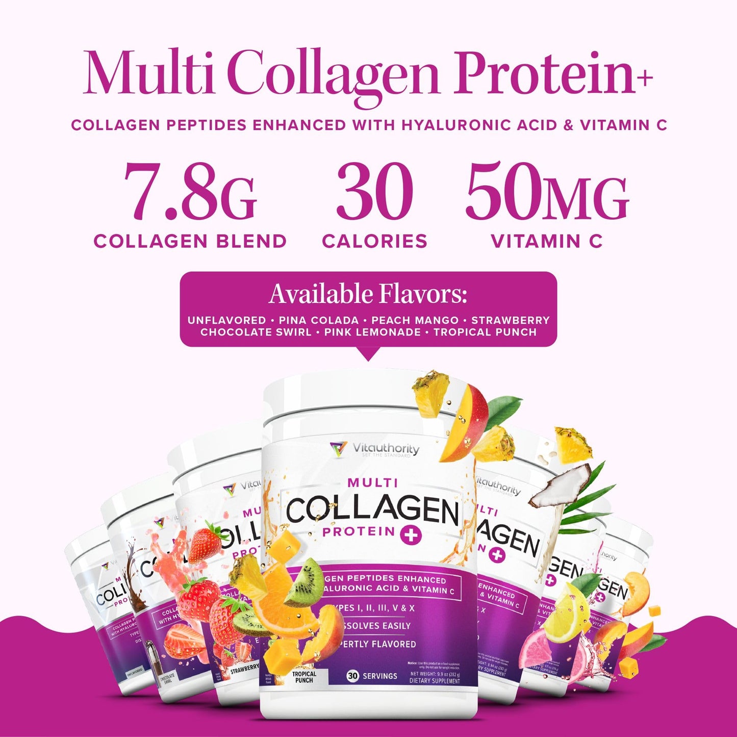 Multi Collagen Peptides for Women – Strawberry, 30 Servings | Hydrolyzed 5-Type Collagen, Vitamin C & Hyaluronic Acid