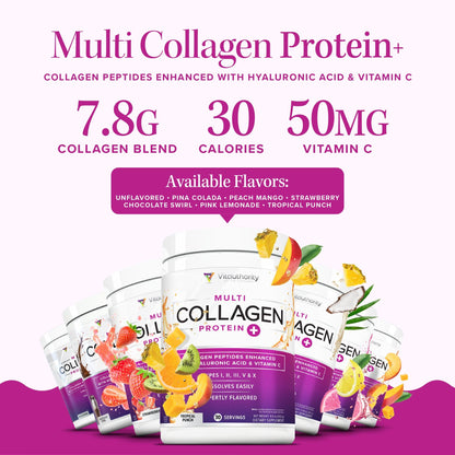 Multi Collagen Peptides for Women – Strawberry, 30 Servings | Hydrolyzed 5-Type Collagen, Vitamin C & Hyaluronic Acid