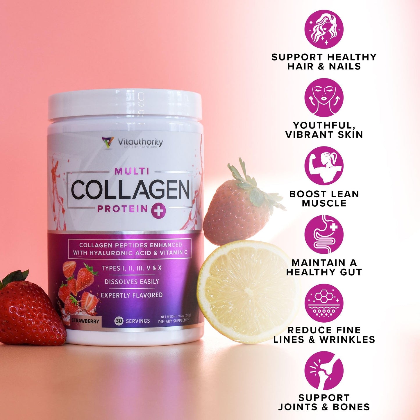 Multi Collagen Peptides for Women – Strawberry, 30 Servings | Hydrolyzed 5-Type Collagen, Vitamin C & Hyaluronic Acid