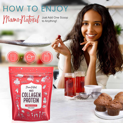 Mama Natural Multi Collagen Protein Powder – Unflavored, Hydrolyzed 16 oz | Grass-Fed Bovine, Wild Fish & Eggshell Membrane