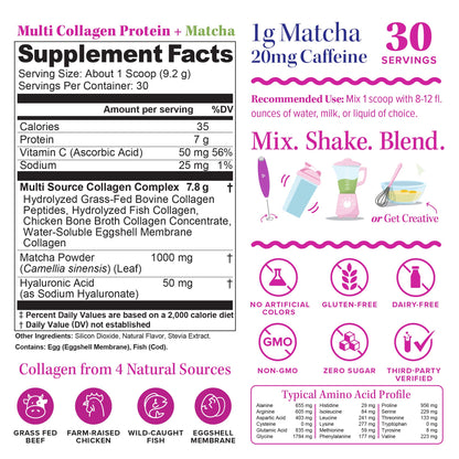 Multi Collagen Protein Powder for Women - Types I II III V & X with Vitamin C & Hyaluronic Acid, Matcha Flavor, 30 Servings