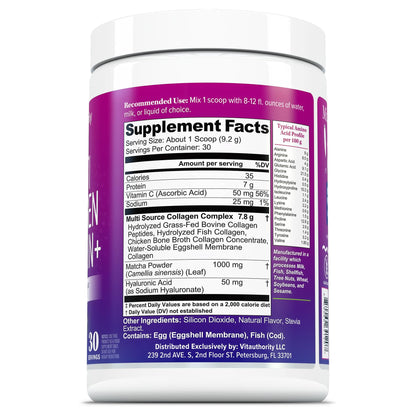Multi Collagen Protein Powder for Women - Types I II III V & X with Vitamin C & Hyaluronic Acid, Matcha Flavor, 30 Servings