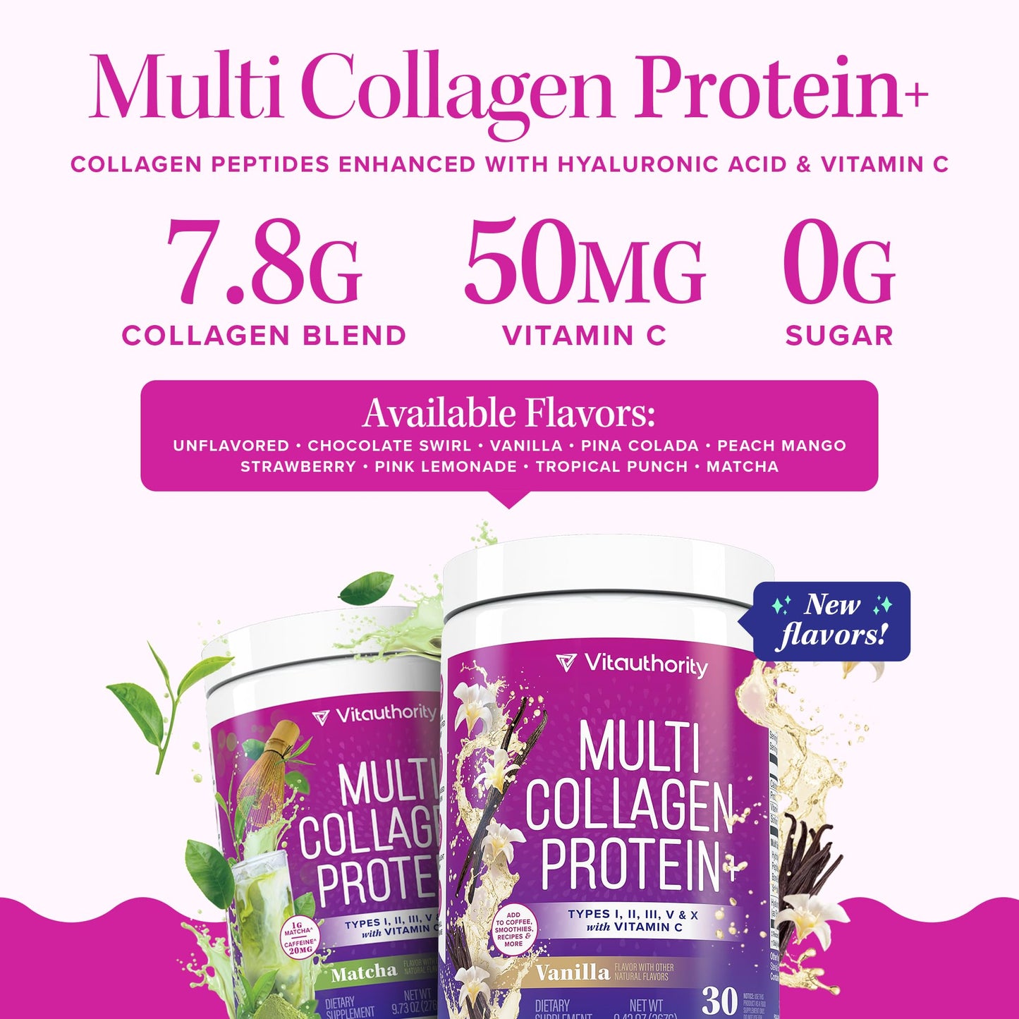 Multi Collagen Protein Powder for Women - Types I II III V & X with Vitamin C & Hyaluronic Acid, Matcha Flavor, 30 Servings