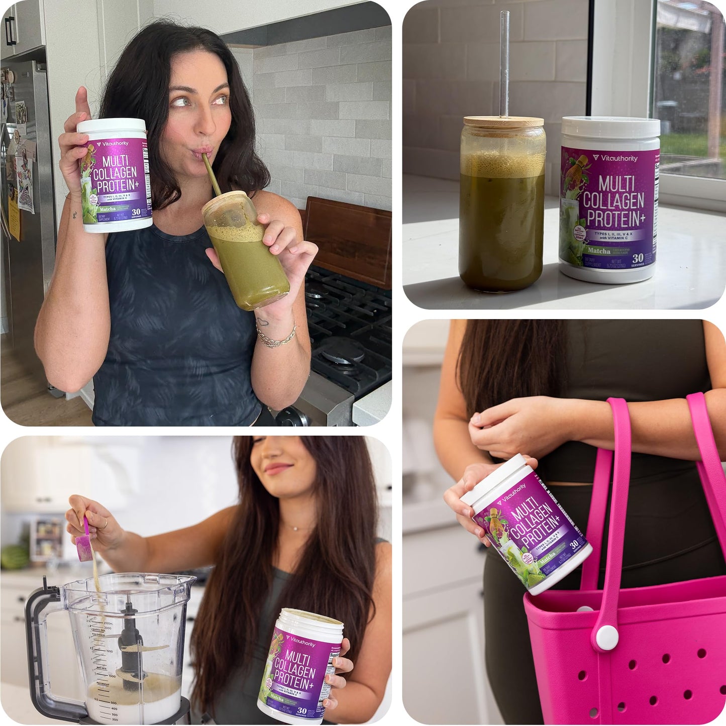Multi Collagen Protein Powder for Women - Types I II III V & X with Vitamin C & Hyaluronic Acid, Matcha Flavor, 30 Servings