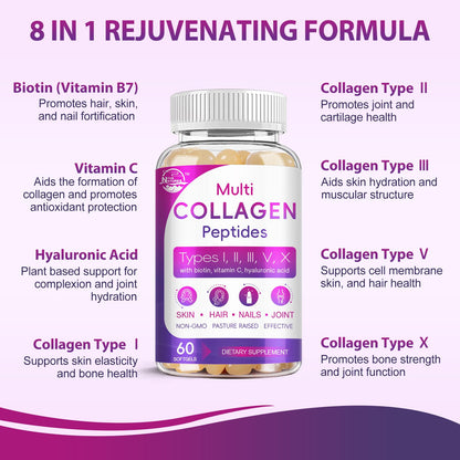 Multi Collagen Softgel - Type I, II, III, V, X | Biotin, Vitamin C & Hyaluronic Acid | Grass-Fed, Non-GMO, 60 Softgels