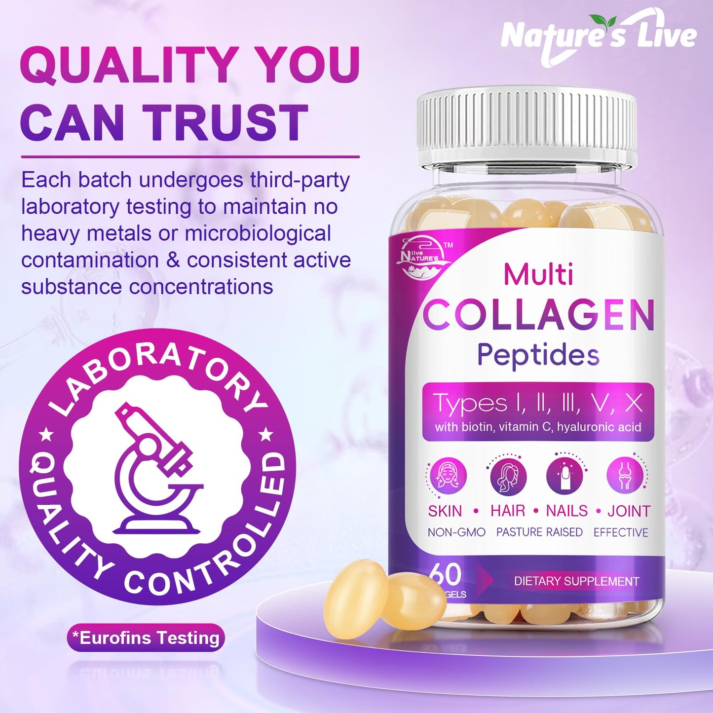 Multi Collagen Softgel - Type I, II, III, V, X | Biotin, Vitamin C & Hyaluronic Acid | Grass-Fed, Non-GMO, 60 Softgels