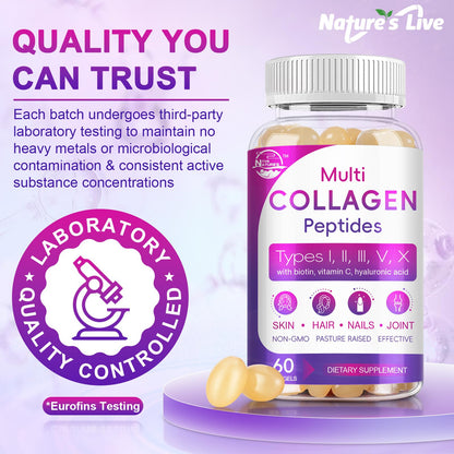 Multi Collagen Softgel - Type I, II, III, V, X | Biotin, Vitamin C & Hyaluronic Acid | Grass-Fed, Non-GMO, 60 Softgels