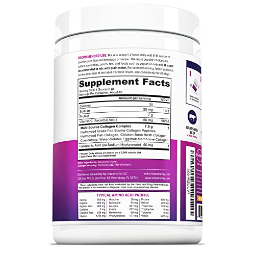 Multi Collagen Peptides Powder for Women – Unflavored, Hydrolyzed Collagen with Types I, II, III, V & X, Vitamin C & Hyaluronic Acid | 40 Servings