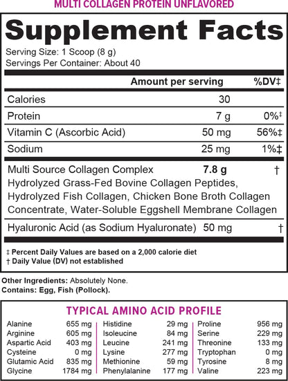 Multi Collagen Peptides Powder for Women – Unflavored, Hydrolyzed Collagen with Types I, II, III, V & X, Vitamin C & Hyaluronic Acid | 40 Servings