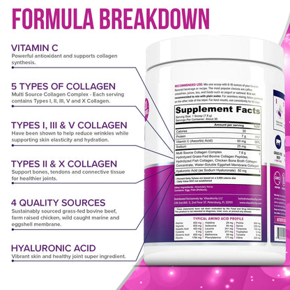 Multi Collagen Peptides Powder for Women – Unflavored, Hydrolyzed Collagen with Types I, II, III, V & X, Vitamin C & Hyaluronic Acid | 40 Servings