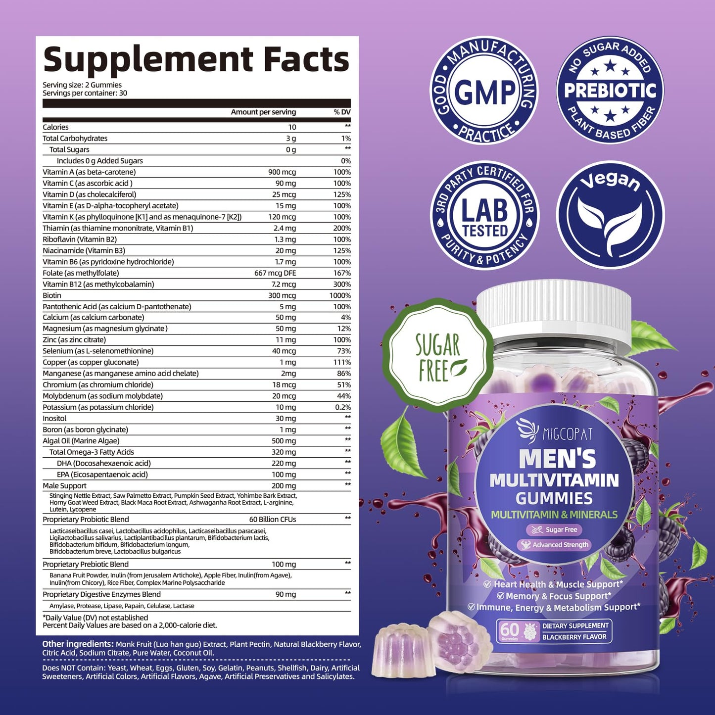 Multivitamin for Men Gummies with Omega-3, Probiotics – Sugar-Free Blackberry Flavor | Heart, Brain, Muscle Support