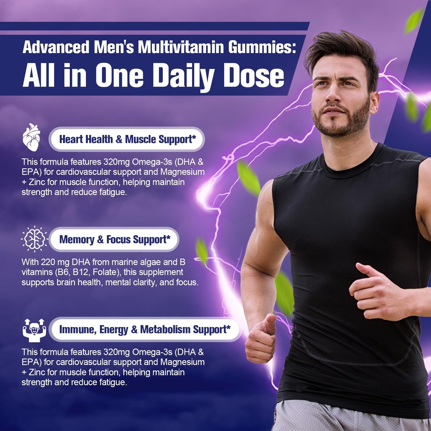 Multivitamin for Men Gummies with Omega-3, Probiotics – Sugar-Free Blackberry Flavor | Heart, Brain, Muscle Support