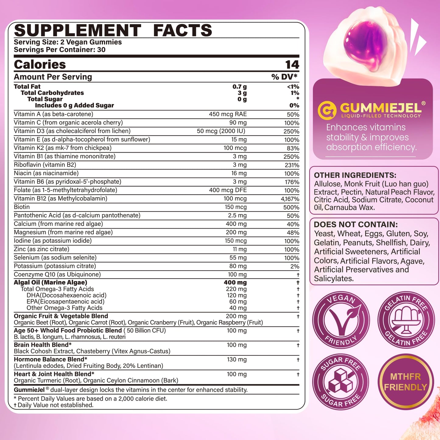 Multivitamin for Women 50+ Gummies – Vegan, Sugar Free, Omega-3, D3 K2, CoQ10