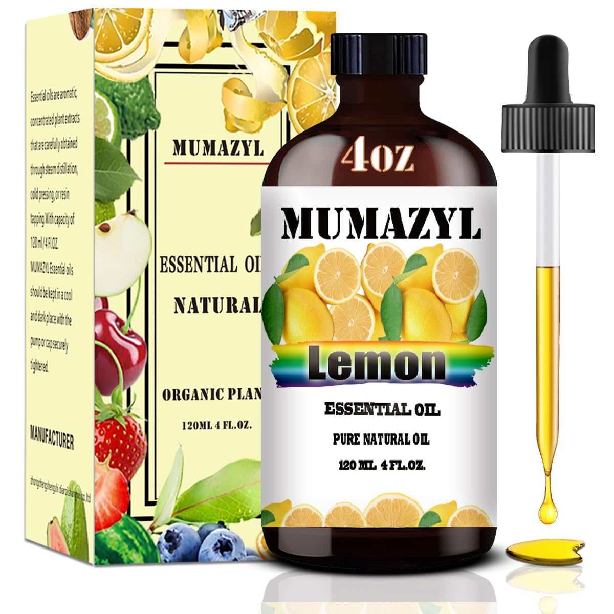 MUMAZYL Lemon Essential Oil - 4oz (120 ml) Amber Glass Bottle with Dropper