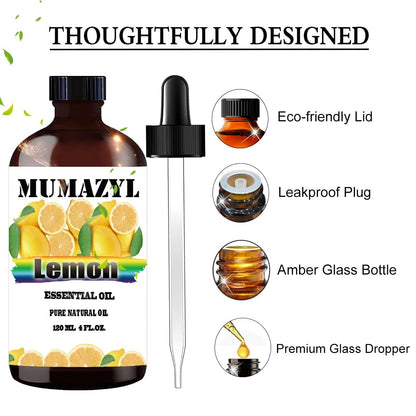 MUMAZYL Lemon Essential Oil - 4oz (120 ml) Amber Glass Bottle with Dropper