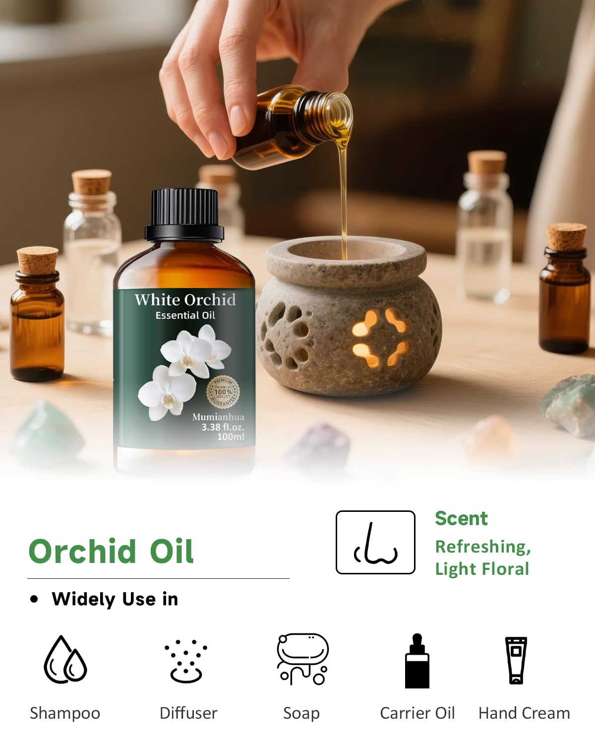 Mumianhua White Orchid Essential Oil 100ml – Therapeutic Grade for Diffuser, Skin & Candles